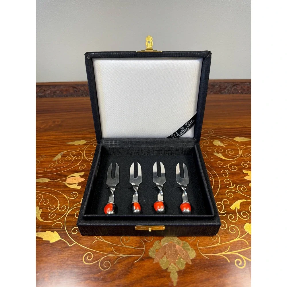 Vintage Rafaella Pitti Huayruro Seed Cocktail Forks Set w/ Box Bolivia